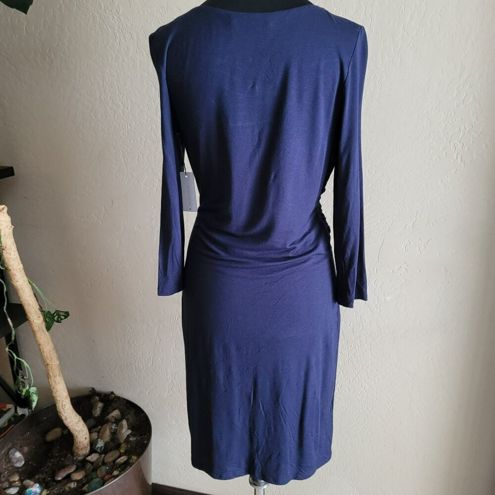 Velvet Dark Blue V-Neck Long Sleeve Midi Dress Size M - Picture 2 of 8